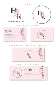 business cards with pink flowers and monograms on the front, back and sides