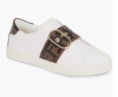 Fendi N6710 Womens White Leather Iconic Ff Band Sneakers Size EU 38 US 8E Details & Care A strap embossed with the iconic FF logo is secured with a bold buckle featuring a metallic pearl on this fresh, slip-on sneaker. Leather upper and lining/rubber sole Made in Italy Syx Ff Logo, Diy Shoes, Anniversary Sale, Leather Sneakers, White Leather, Flat Shoes Women, Womens Sneakers, Slip On Sneaker, Shoes Flats