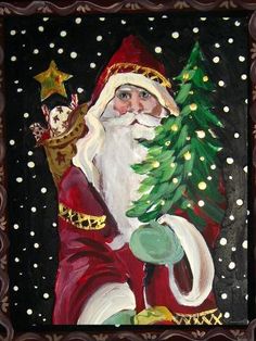 a painting of santa holding a christmas tree