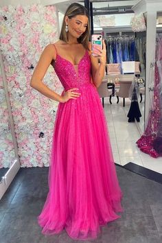 Pink Fitted Ball Gown For Prom, Fitted Pink Ball Gown For Prom, Pink Gown For Pageant In Prom Season, Pink Tulle Evening Dress For Pageant, Pink Tulle Evening Dress For Pageants, Pink Sequined Gown For Homecoming, Embellished Tulle Gown For Homecoming, Embroidered Tulle Gown For Homecoming, Pink Pageant Dresses With Sweep Train