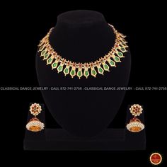 Design by Classical Dance Jewelry®  -- Colorful And Designer Beautiful Necklace Set For Women.You Can Wear this Necklace Set In Parties, Engagement, Weddings, Birthdays And Many Occasion As You Like. -- Handmade Indian Item. Every Necklace Studded Beautifully in Enamel And Gold Finish. -- Especially For Bharatnatyam And Kuchipudi Dance Performances. ❇️ Imitation Jewelry by nature is little soft compared to real jewelry so little shape variations and dents could happen during shipping even after taking complete care in packing ❇️ Imitation Jewelry items by nature will show slight discolorations around soldering or embossed designs areas and black spots. ❇️ Imitation Jewelry piece is arranged with special thread to have maximum flexibility. ❇️ These are very delicate in nature and it is expe Bollywood Style 22k Green Gold Jewelry, Green 22k Gold Bollywood Style Jewelry, 22k Gold Green Temple Necklace For Celebration, Green 22k Gold Bollywood Jewelry, Green 22k Gold Temple Necklace For Celebration, Festival Green Kundan Necklace In 22k Gold, Celebration Green 22k Gold Temple Necklace, Bollywood Style Green Temple Necklace For Puja, Green Bollywood Style Temple Necklace For Puja