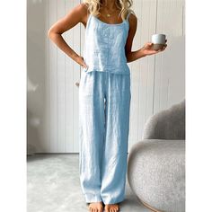 Season:Summer; Fabric:Cotton And Linen; Sleeve Length:Long Pant,Sleeveless; Gender:Women's; Nightwear Style:Sets,Pajamas; Style:Simple,Comfort,Basic; Elasticity:Micro-elastic; Tops Type:Strap Top; Occasion:Daily,Home,Bed; Function:Breathable; Pattern:Pure Color; Neckline:Straps; Listing Date:01/18/2024; Length [Bottom]:; Length [Top]:; Waist:; Bust: Linen Loungewear Set, Bekväma Outfits, Linen Style Fashion, Linen Loungewear, Two Piece Pants Set, Linen Style, Loungewear Sets, Loungewear Set, Aaliyah