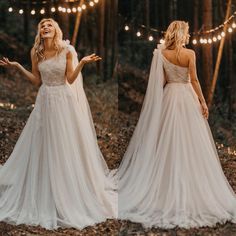 two women dressed in wedding gowns and veils are standing outside with lights strung above them