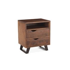 a wooden nightstand with two drawers on one side and an open drawer on the other