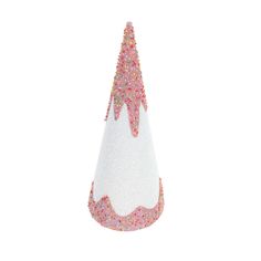 a pink and white cone shaped cake with sprinkles