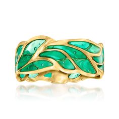 Ross-Simons - Italian Green Enamel Leaf Ring in 14kt Yellow Gold. Size 5. Inspired by the lush color and elegant fluidity of nature, this Italian-made leaf ring shines in 14kt yellow gold with verdant green enamel. 1/4" wide. Green enamel leaf ring. Bone Jewellery, Enameling Jewelry, Verdant Green, Bone Jewelry, Fine Jewelery, Leaf Ring, Bare Necessities, Green Enamel, Unique Vintage