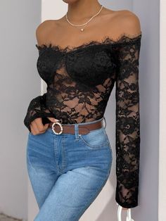 Features: Lace Sheer: Semi-sheer Stretch: Highly stretchy Material composition: 90% polyester, 10% nylon Care instructions: Machine wash cold. Tumble dry low. Imported Off-shoulder Fitted Bodysuit For Night Out, Fitted Off-shoulder Mesh Top For Night Out, Trendy Fitted Off-shoulder Mesh Top, Black Off-shoulder Stretch Bodysuit, Stretch Off-shoulder Evening Bodysuit, Stretch Off-shoulder Bodysuit For Evening, Black Stretch Off-shoulder Bodysuit, Off-shoulder Bodysuit For Club, Fitted Off-shoulder Mesh Top For Party