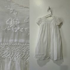 "vintage 50's-60's infant Feltman Bros handmade sheer Christening/Baptism Dress with matching slip. The dress is just lovely.  Sheer organdy batista cotton with smocked empire waist. The yoke and hem are hand embroidered in a sweet delicate floral.   Scalloped hem on the dress and slip.  The sleeves are puffed with ruffled elastic hems.  Button back.   There is a matching slip that buttons at one shoulder and has the added lovely detail of the same floral embroidery as the dress on its front hem Baby Girls Dresses, Baptism Dress, Special Dresses, Scalloped Hem, Empire Waist, Floral Embroidery, Christening