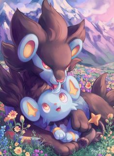 an image of two pokemons hugging each other in the grass with mountains in the background