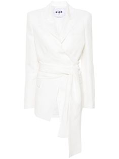 white linen blend slub texture bow detailing layered details notched lapels shoulder pads long sleeves faux buttoned-cuff sleeves chest welt pocket two front flap pockets full lining front button fastening This item contains at least 50% materials which are certified or widely recognised as having a lower environmental impact through production and/or manufacturing processes that reduce water consumption and the use of harmful chemicals, or re-use by-products of the production process. Learn more about what makes a product Conscious on our Conscious Criteria page Chic Linen Business Blazer, Chic Linen Blazer For Business, White Long Sleeve Blazer Dress For Semi-formal Occasions, Semi-formal Linen Blazer With Long Sleeves, Chic Linen Blazer With Hidden Button Closure, Chic Linen Formal Blazer, Linen Outerwear With Double-breasted Button And Suit Collar, Linen Long Sleeve Blazer For Semi-formal Occasions, Semi-formal Long Sleeve Linen Blazer