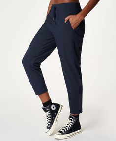 Explorer Pants - navyblue | Women's Pants | www.sweatybetty.com Womens Black Pants, Lightweight Pants, Navy Blue Fabric, Tapered Trousers, Compression Fabric, Sweaty Betty, Italian Fabric, Athletic Pants, Women's Pants