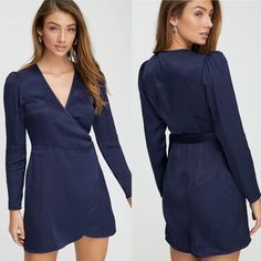 Navy Blue Satin Finish Long Sleeve Wrap Dress From Wilfred For Aritzia This Item Is Brand New With Tags Measurements Bust: 17.5" Length: 33.5" Women's Size Small Flirty Fitted Dress With Surplice Neckline, Flirty Surplice Neckline Cocktail Dress, Chic Blue Mini Dress With Surplice Neckline, Blue Surplice Neckline Dress For Date Night, Navy V-neck Mini Dress For Spring, Blue Dress With Surplice Neckline For Night Out, Chic Navy Dresses For Fall, Chic Navy Dress For Fall, Blue Surplice Neckline Midi Dress For Party