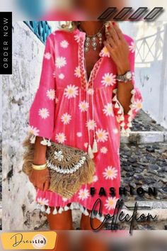 Women Boho Holiday Floral Tassel Sweet V Neck A-lined Mini Summer Dresses Spring Beach Boho Dress With Long Sleeves, Spring Beach Printed Mini Dress, Spring Vacation Knee-length Boho Dress, Spring Bohemian A-line Mini Dress, Casual Boho Dress With Tassels For Vacation, Spring Boho Mini Dress With Print, Spring Printed Mini Boho Dress, Spring Mini Boho Dress With Print, Spring Mini Boho Printed Dress