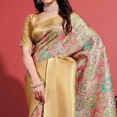 Gold colored saree is made from banarasi silk fabric which is highlighted with beautiful weaving work as shown. comes along unstitched banarasi silk blouse piece which you can customise as per your design/style. Occasion - You can wear this saree for festivals, functions and ideal for any fashionista. Note:- the actual product may differ slightly in color and design from the one illustrated in the images when compared with computer or mobile screen. Measurements: Saree : Banarasi Silk : 5.5 Mtrs Gold Bollywood Brocade Saree, Festival Brocade Saree With Zari Weaving, Green Brocade Saree With Meenakari, Gold Brocade Saree With Meenakari, Diwali Brocade Saree With Zari Weaving, Gold Brocade Saree With Unstitched Blouse, Designer Brocade Saree For Eid, Brocade Saree With Self Design For Festivals, Bollywood Style Brocade Saree For Festivals