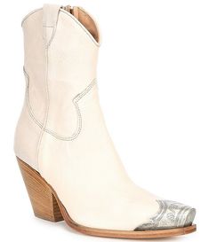 Free People Brayden Leather Metal Toe Tip Western Booties | Dillard's Free People Western Boots, White Boots With Stacked Heel And Snip Toe, White Snip Toe Boots With Stacked Heel, Spring Snip Toe Boots With Reinforced Heel, Spring Boots With Sculpted Heel And Snip Toe, Beige Leather Heeled Boots With Snip Toe, Cream Boots With Reinforced Heel And Snip Toe, Cream Snip Toe Boots With Reinforced Heel, Cream Snip Toe Leather Boots