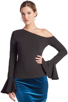 The ultimate asymmetric top! Our Tova Top provides a contemporary chic feminine look that is super stylish, easy to wear and comfortable! It can be worn for a night on the town paired with our black velvet Tia Skirt for a monochromatic look, or a leather pant for a sleek look. Ways to wear this top is endless, you can also style it down for a daytime look with a pair of jeans or denim shorts. ﻿ Fabrication: rayon / spandex jersey Asymmetric one shoulder Long sleeves, ruffle bell sleeves Easy on, Asymmetric Top, Ruffle Bell Sleeve, Small Lady, Leather Pant, Contemporary Chic, Fashion Wishlist, Asymmetrical Tops, Online Shops, Feminine Look