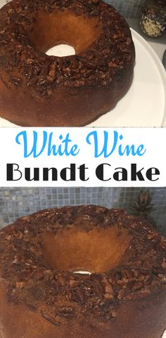 the bundt cake is made with white wine and chocolate icing, then topped with walnuts