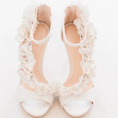 Ivory Satin Wedding Shoes Floral Embellished Strappy Heeled Sandals|FSJshoes Elegant Floral Embellished Wedding Sandals, White Floral Embroidery Heels, White Floral Embroidered Wedding Heels, White Synthetic Lace-up Sandals With Heel Strap, White Flower-shaped Elegant Sandals, Satin Wedding Shoes, Ivory Wedding Shoes, Bridal Sandals, Strappy Sandals Heels