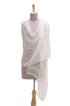 Indian artisan Uma Tripathi designs this elegant sheer shawl that exhibits the graceful beauty of nature. The warm white cotton and silk blend shawl is adorned with dainty floral motifs using the ancient tradition of chikankari embroidery. The ends of the shawl are decorated with intricate crochet lace that accentuates the luxurious allure of the accessory. Sheer Shawl, Chikankari Embroidery, Intricate Crochet, Street Style Summer, Soft Summer, Floral Motifs, Classic Beauty, Crochet Lace, Floral Motif