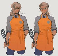 two illustrations of a woman in an orange apron holding utensils and pointing to the side