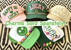 You'll be pinch-proof this St.Patrick's Day in our latest HappyGoLucky™️ HappyStack trucker collection!  The Happy Go Lucky trucker is printed in green velvet. All patches as shown on our hats are included in the price.  Please note the HappyCharms™️ are sold separately and can be found in this listing as well.  Charms not shown here can be purchased through our separate charm listing. Customizable Novelty Trucker Hat, Customizable Novelty Hats As Gift, Customizable Novelty Trucker Hat For Gift, Customizable Novelty Trucker Hat As Gift, Customizable Adjustable Green Trucker Hat, Novelty Snapback Trucker Hat As Gift, Green Adjustable Customizable Trucker Hat, Customizable Novelty Trucker Hat With Adjustable Fit, Novelty White Trucker Hat As Gift