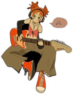 a person with headphones sitting on top of a guitar and holding an electric guitar