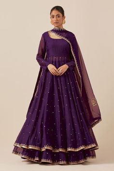 Purple anarkali with sequin hand embroidery and gathered detail. Paired with attached can can skirt and embroidered dupatta.
Components: 3
Pattern: Embroidered
Type Of Work: Sequin
Neckline: Scoop
Sleeve Type: Sheer
Fabric: Chanderi
Color: Purple
Other Details: 
Weight: 3 kgs
Length:
Anarkali: 55 inches
Skirt: 45 inches
Model is wearing size S
Occasion: Sangeet - Aza Fashions Anarkali Skirt, Anarkali Designs, Anarkali Dress Pattern, Pakistani Wedding Outfits, Violet Color, Simple Pakistani Dresses, Designer Party Wear Dresses, Designer Dresses Casual, Stylish Party Dresses