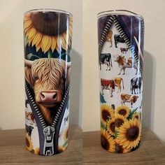 two tumbles with pictures of cows and sunflowers on them are sitting next to each other