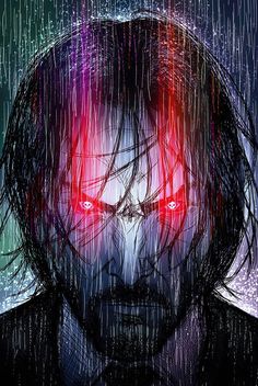 a man with red eyes standing in the rain