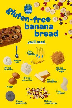 an advertisement for banana bread and other ingredients on a yellow background with the words,'banana bread sema glutime ingredient '