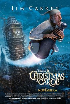 a movie poster for a christmas carol with an image of a man flying through the air