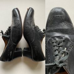 "Sweet vintage 1930s leather lace up shoes. Has wear on the underside/soles as shown in photos Measurements: 10\" length  3.5\" width 2\" heel" Plain Toe Oxfords With Lace-up Fastening For Derby, Plain Toe Oxfords With Front Lace-up For Derby, Vintage Closed Toe Oxfords With Rubber Sole, Vintage Oxfords With Leather Sole And Closed Toe, Vintage Oxfords For Formal Occasions, Vintage Formal Oxfords With Laces, Vintage Brogue Oxfords With Closed Toe, Vintage Brogue Oxfords, Vintage Black Lace-up Shoes With Round Toe