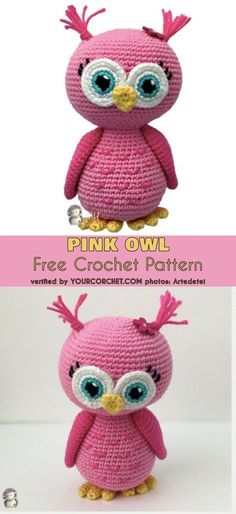 pink owl crocheted stuffed animal with big eyes