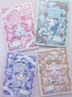 four coasters with anime characters on them sitting next to each other in front of a tiled wall