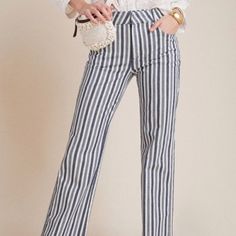 Never Worn Anthropologie Alena Striped Bootcut Pants Retail $100+ Comfortable And Stylish Striped Trousers. The Stripes, Weight And Stretch Of These Pants Make Them Super Flattering And Comfortable. Not Quite Jean Material - More Like A Comfy Pair Of Pants. Cotton, Elastane Side Slant And Back Welt Pockets Front Zip Petites: 11.5" Rise 32" Inseam 19" Leg Opening Chic Striped Cotton Bottoms, Chic Striped Bottoms, Chic Striped Cotton Pants, Chic Striped Fitted Bottoms, Chic Mid-rise Wide Leg Pants For Day Out, Chic Striped Bottoms For Spring, Chic Striped Straight Pants, Chic Striped Pants For Spring, Chic High Rise Wide Leg Pants For Day Out