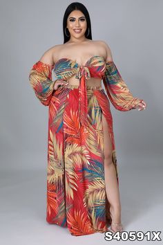 This is a multi-functional, off-shoulder 2-piece maxi skirt set/cover-up that features two deep side splits, long loose puffer sleeves, and a front tie. The maxi skirt has under panties attached. Multicolor tropical pattern. Size range from small to 2x. Great for poolside/vacation wear. Off-shoulder Summer Vacation Sets, Summer Off-shoulder Vacation Sets, Off-shoulder Beach Sets For Spring, Beach Maxi Skirt With Side Slits, Summer Vacation Maxi Length Sets, Maxi Skirt Set, Vacation Wear, Early Spring Outfits, Tropical Pattern