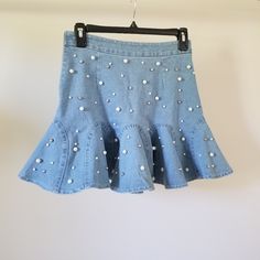 Super Cute Jean Skirt With Pearls Studded Blue Denim Skirt For Spring Party, Blue Denim Skirt For Summer Parties, Casual Blue Denim Party Skirt, Spring Party Denim Skirt, Skirt With Pearls, Cute Jean Skirt, Pearl Skirt, Chicwish Skirt, Studded Jeans