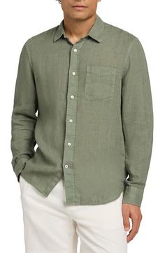 Full of laid-back polish, this button-up shirt is crafted from lightweight linen. Front button closure Spread collar Long sleeves with button cuffs Chest pocket 100% linen Machine wash, dry flat Imported Linen Men, Linen Shirt Men, Green Button, Mens Green, Linen Shirt, Chest Pocket, Button Up Shirts, Close Up, Button Up