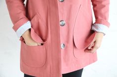 Pocket ❤️ Everyday Cotton Outerwear With Buttons, Fitted Cotton Outerwear With Buttoned Pockets, Pink Cotton Outerwear With Snap Buttons, Fitted Outerwear With Button Cuffs For Everyday, Classic Pink Cotton Outerwear, Pink Cotton Outerwear With Button Closure, Pink Cotton Outerwear With Buttons, Pink Cotton Outerwear For Work, Barn Jacket