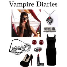 a woman in black dress and accessories on white background with text that reads vampire diaries