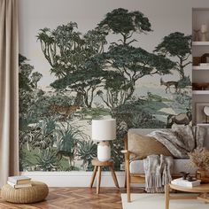 Eliza Wallpaper by Wall Blush featuring jungle theme in a stylish living room, highlighting vibrant design details. African Trees, Orange Peel Wall Texture, Wall Blush, Wildlife Wallpaper, Orange Peel Texture, Vintage Paper Textures, Safari Wallpaper, Look Wallpaper, Concrete Wallpaper