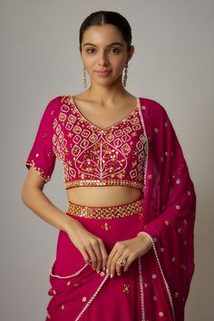 Pink lehenga with placement mirror work and embroidered waistband. Paired with padded embroidered blouse and pearl lace dupatta. - Aza Fashions Navratri Anarkali Set With Unstitched Blouse In Chinon, Chinon Sets With Mirror Work For Navratri, Navratri Chinon Sets With Mirror Work, Navratri Sharara With Unstitched Blouse In Chinon, Fitted Choli With Mirror Work, Fitted Chinon Choli With Mirror Work, Chinon Choli With Mirror Work In Traditional Drape, Traditional Drape Choli With Mirror Work In Chinon, Navratri Reception Choli In Chinon