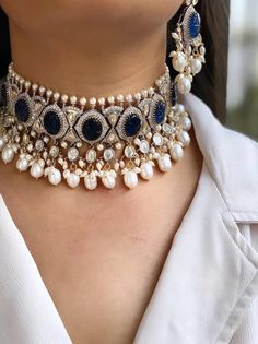 Sabyasachi Inspired Uncut Polki Kundan Choker Set with Sapphire Blue Carved Stones and Pearls, Includes Earrings Jewelry Design Necklace Diamond, Blue Bridal Jewelry Indian, Blue Choker Necklace Indian, Sapphire Indian Jewelry, Blue Indian Jewelry Sets, Fancy Choker Necklace, Blue Sapphire Necklace Indian, Kundan Jewellery Set Necklaces, Neck Pieces Jewelry Indian