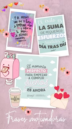 three different posters with the words in spanish and english on them, one has a cup of