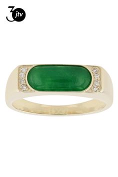 12x5mm Fancy Cut Cabochon Green Jadeite And 0.04ctw Round White Diamond 10K Yellow Gold Ring. Measures Approximately 0.65"L x 0.22"W. Yellow Gold Ring, 10k Gold, Yellow Gold Rings, White Diamond, Gold Ring, Gold Rings, Yellow Gold, Ring, Yellow