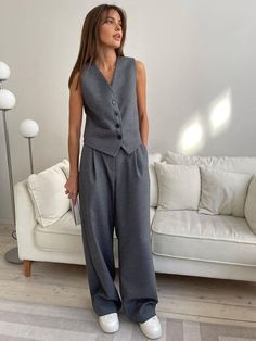 Details Composition: 97% Polyester. 3% Elastane Design: Plain Style: Casual Thickness: Regular Sheer: No ... High Waist Long Skirt, Fit Clothes, Split Long Dress, Vest Blouse, Fits Clothes, Brown Suits, Plain Style, Maxi Dress Navy, Suit Vest