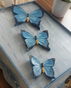 three blue butterflies sitting on top of a table