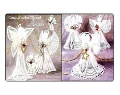 crochet angel ornaments are shown in two different pictures, one is white and the other is gold