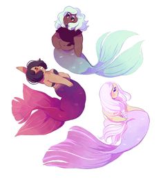 three mermaids with different hair colors and tails, one in the shape of a fish