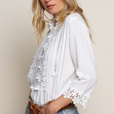 Bestseller!! Darling White Lace Base, Slight Mock Neck With And Button Front. Measurements: Small - Pit To Pit: 18. Inches, 23" L Medium - Pit To Pit: 19 Inches, 23" L Large - Pit To Pit: 20 Inches, 24" L Model Is 5"8" Tall Cotton Blend Brand New With Tags! If You Love Free People, Johnny Was Or Anthroplogie Style - Check Out Our Closet! Resort Summer Festival Birthday Date Night Cruise Bohemian Vintage Flirty Hippie Bohemian Chic Trendy Maxi Coverup Beach Tropical Vacation Coachella Tunic Lulul Casual White Blouse With Boho Collar, Bohemian Beach Tops With Button Closure, Spring Beach Blouse With Boho Collar, White Casual Top With Boho Collar, White Casual Tops With Boho Collar, Bohemian Summer Top With Button Closure, Bohemian Spring Tops With Buttons, White Bohemian Blouse With Button Closure, Feminine Blouse With Crochet Trim